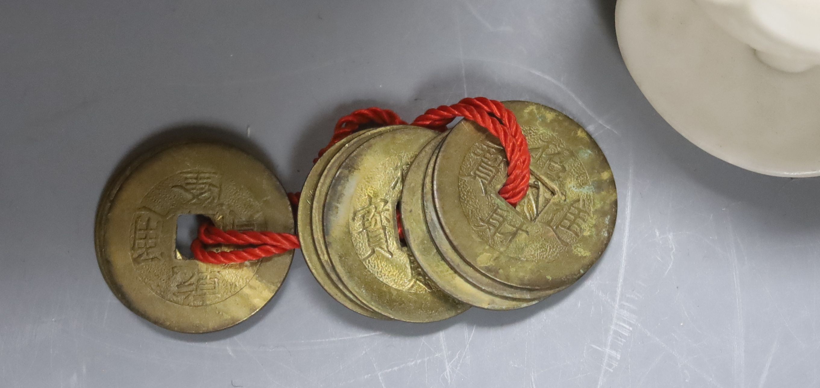 Assortment of Chinese items, bamboo brush pot, coins and photos etc.